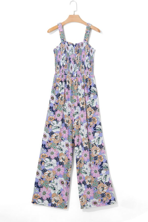Purple Floral Print Smocked High Waist Square Neck Jumpsuit