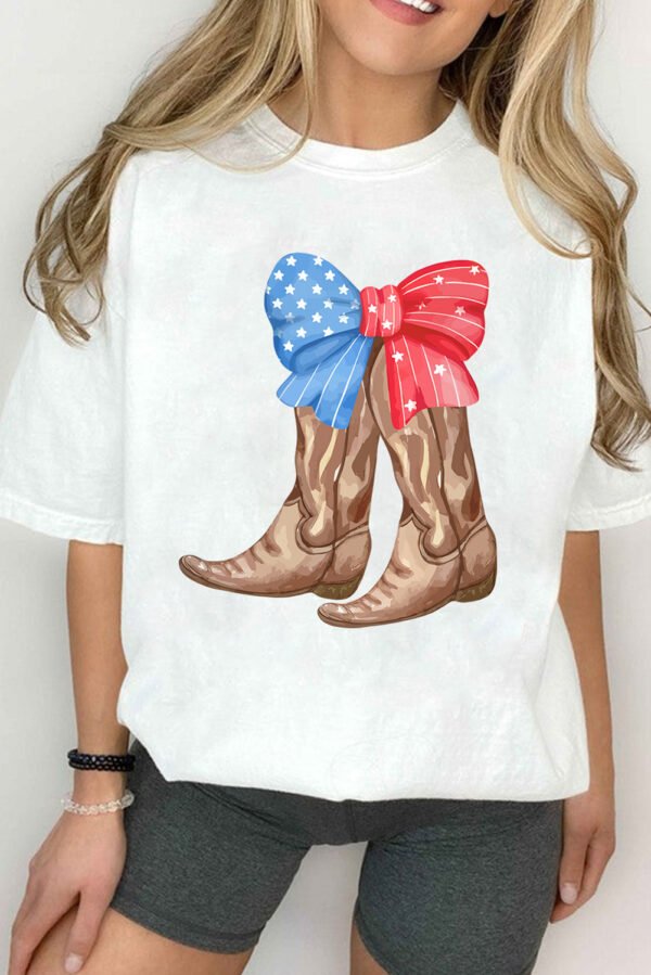 White Patriotic Bow Cowgirl Boots Printed Cotton Blend T Shirt