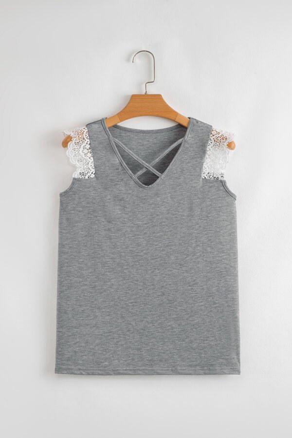 Gray Lace Patchwork Criss Cross V Neck Tank Top