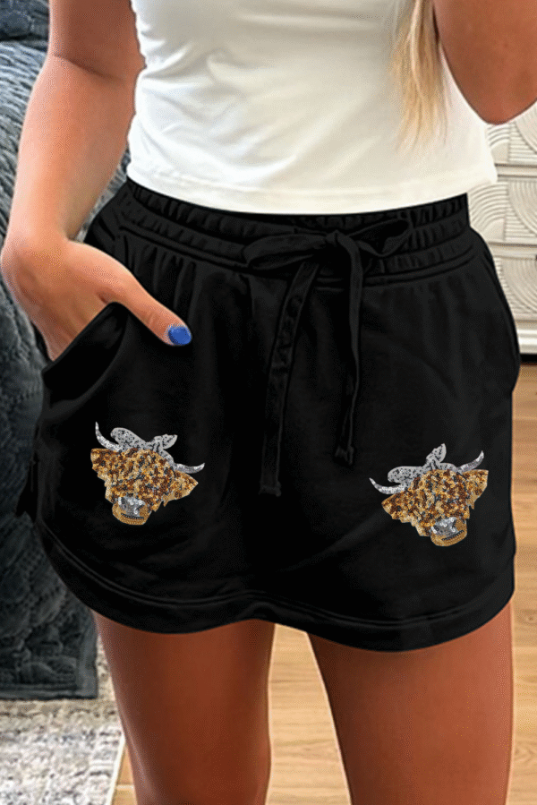 Black Sequin Heifer Patched French Terry Drawstring Skort