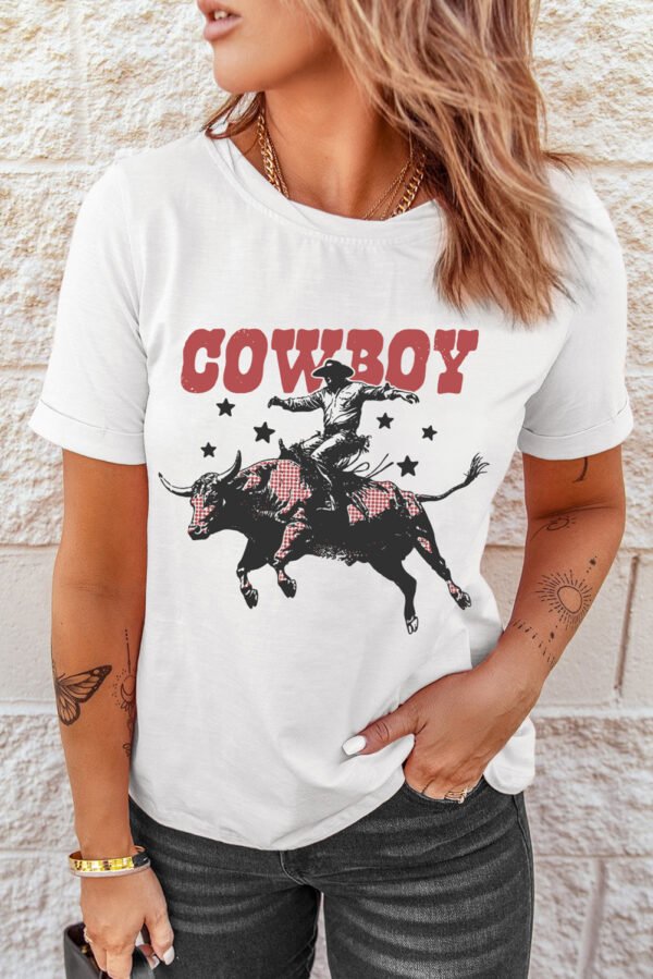 White COWBOY Star Graphic Crewneck Western Fashion Tee