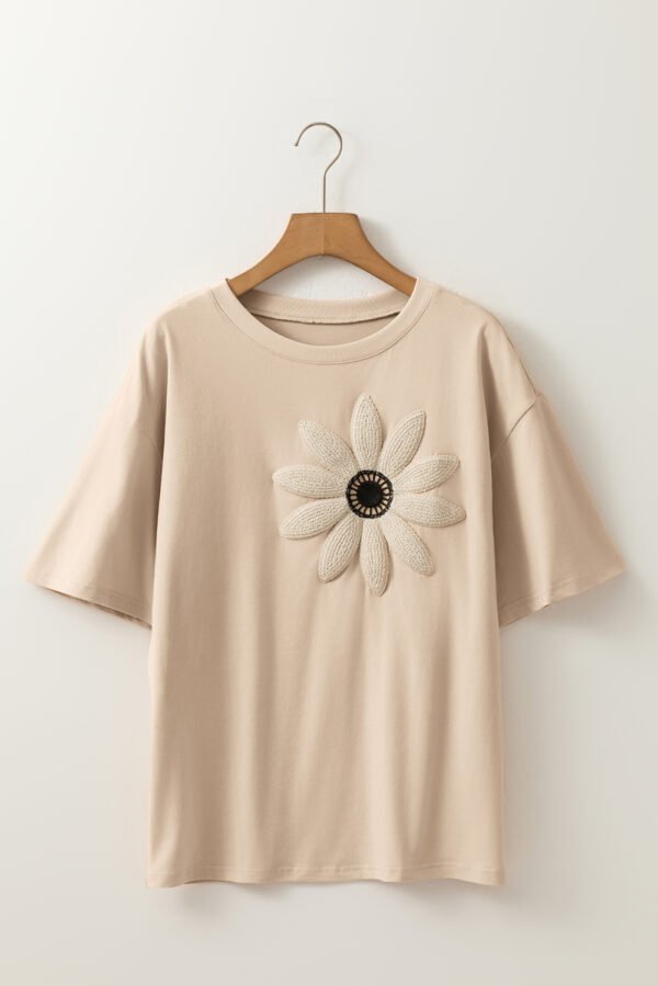 Oatmeal Contrast Crochet Floral Graphic Drop Shoulder Loose Tee