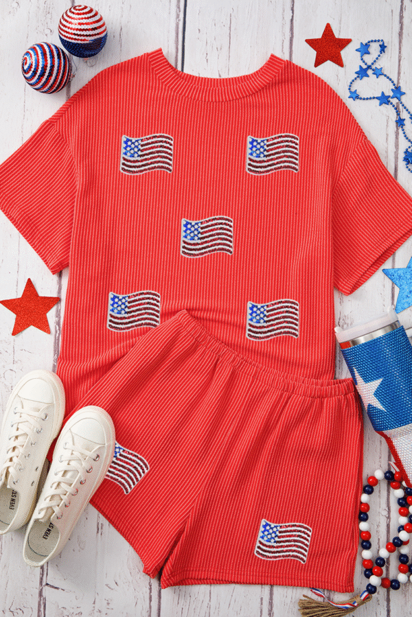 Orange Sequined American Flag Twisted Rib Texture 2pcs Short Set