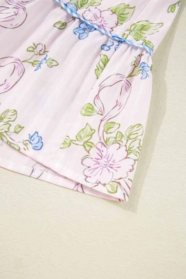 Pink Floral Striped Print Contrast Trim Tie Split Neck Mini Dress
