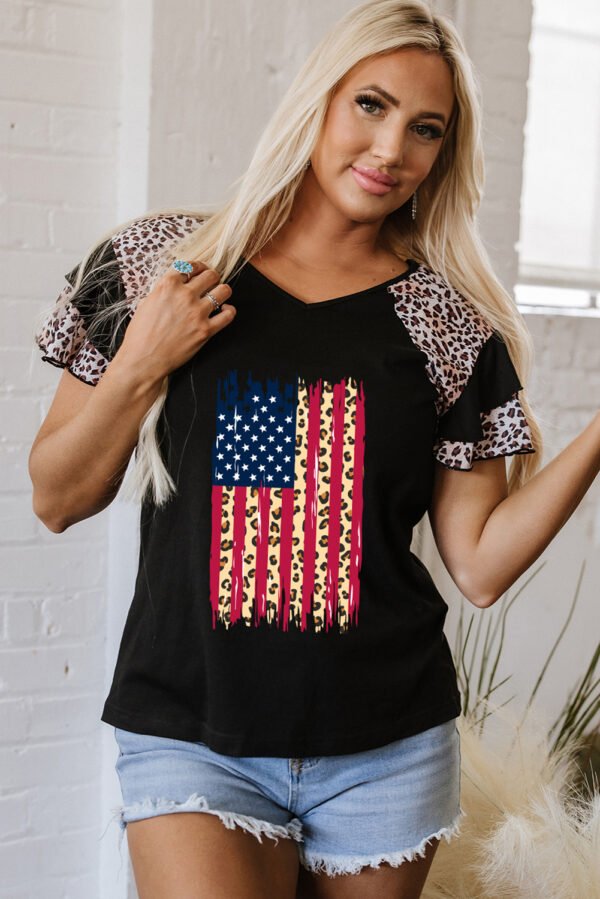 Black Leopard Patchwork Frayed USA Flag Print Ruffle Short Sleeve V Neck Tee
