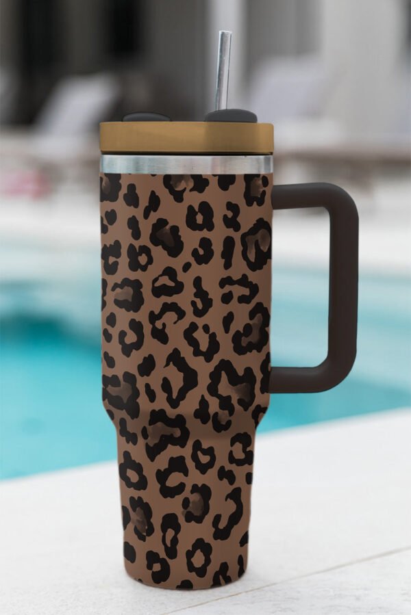 Coffee Leopard Print Handle Stainless Steel Large Vacuum Cup 40oz