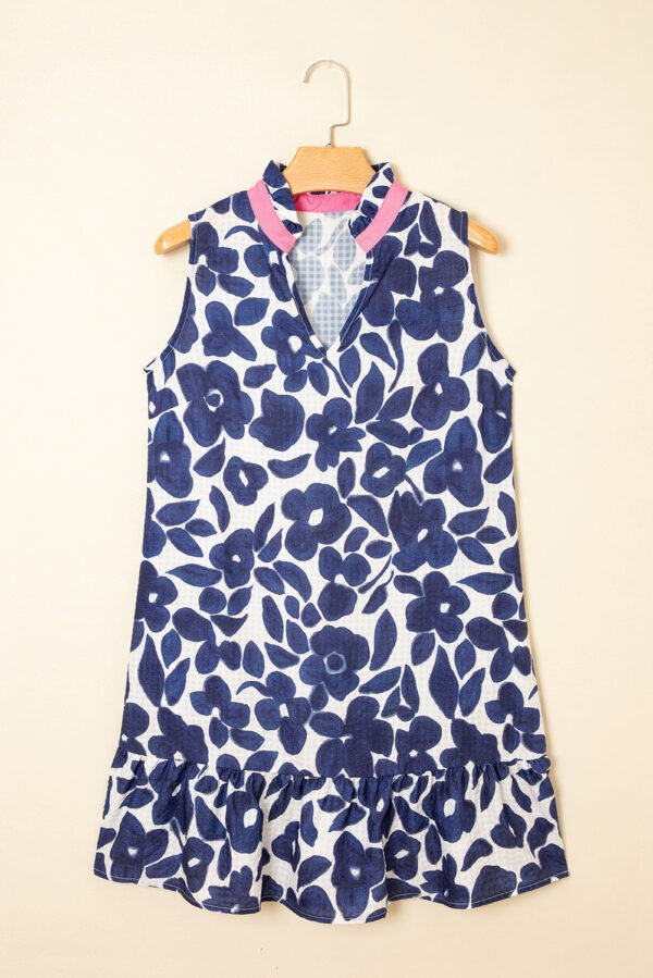 Blue Floral Sleeveless Colorblock Notched V Neck Mini Dress