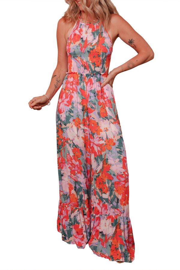 Multicolour Floral Print Smocked Halter Neck Sleeveless Wide Leg Jumpsuit