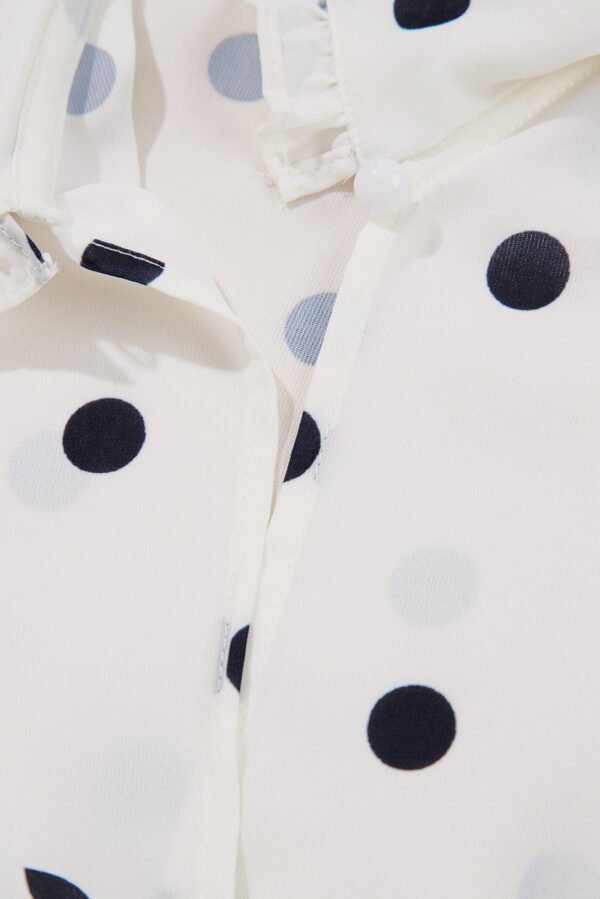 White Polka Dot Collared Lace up Font Puff Sleeve Peplum Top