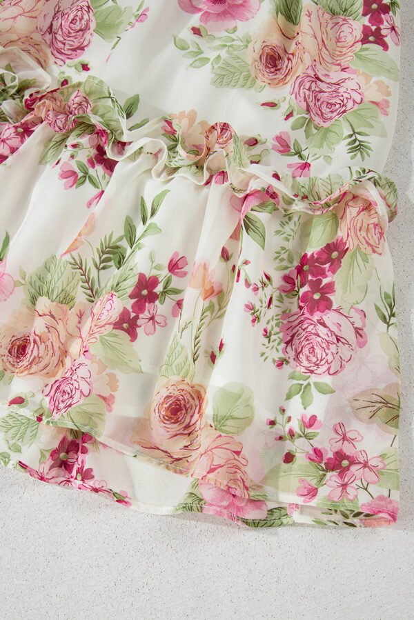 White Vibrant Floral Bubble Sleeve Sweetheart Neck Ruffle Mini Dress