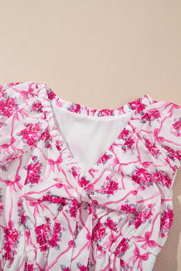 Multicolour Bow Lattice Floral Print V Neck Knot Decor Mini Dress