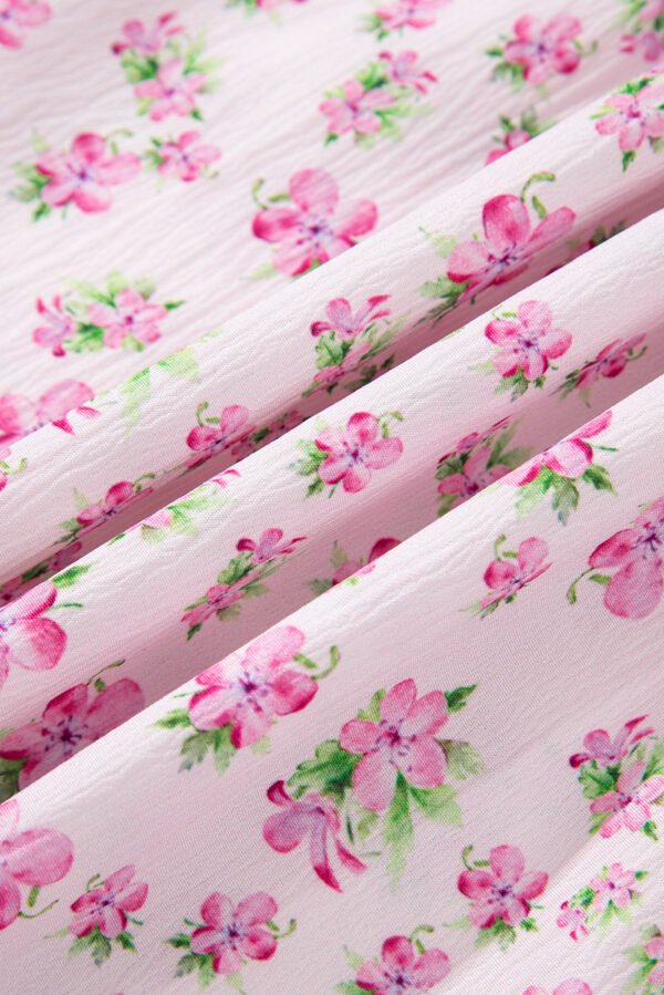 Pink Frilly Shirred Bodice Tiered Floral Maxi Dress
