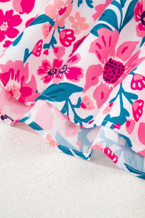 Pink Floral Print Contrast Striped Detail Short Sleeve Blouse