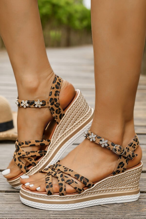 Chestnut Rhinestone Flower Decor Leopard Strappy Wedge Sandals