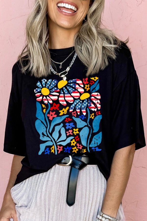 Black USA Flag Flower Graphic Drop Shoulder T Shirt