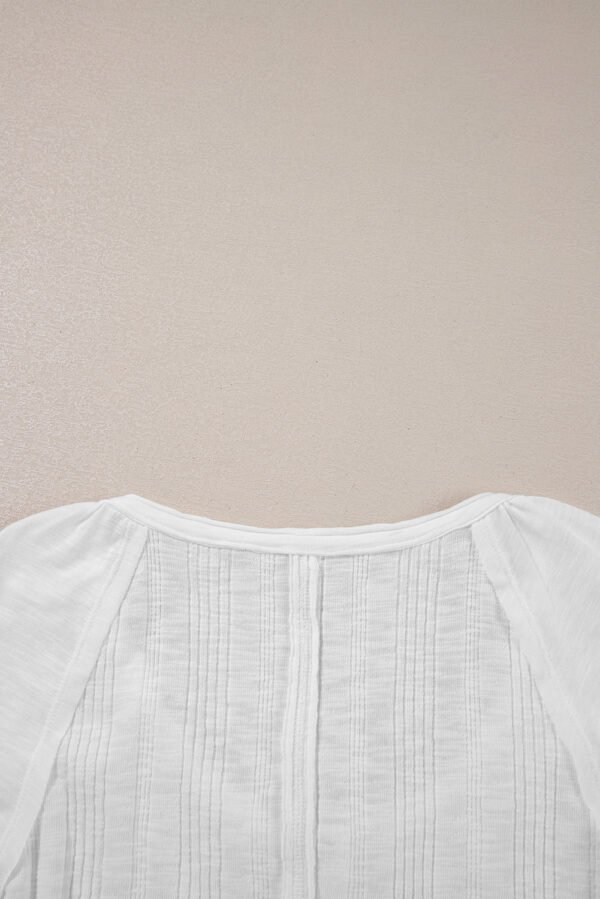 White Snap Button Drawstirng Tie Neck Textured Half Sleeve Shirt