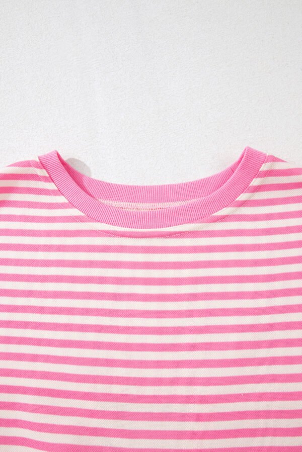 Pink Stripe Bowknot Cutout Back Drop Shoulder Wide Bracelet Sleeve Loose Tee