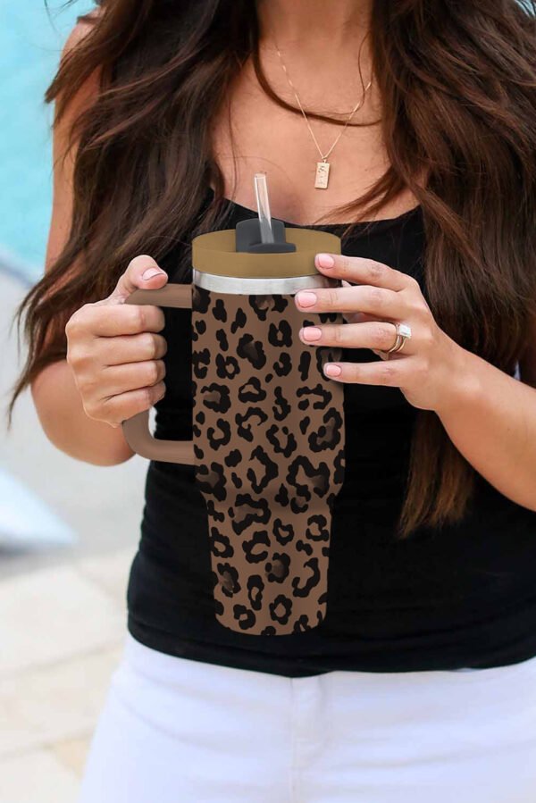 Coffee Leopard Print Handle Stainless Steel Large Vacuum Cup 40oz