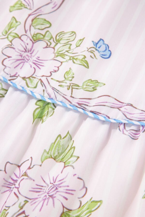 Pink Floral Striped Print Contrast Trim Tie Split Neck Mini Dress