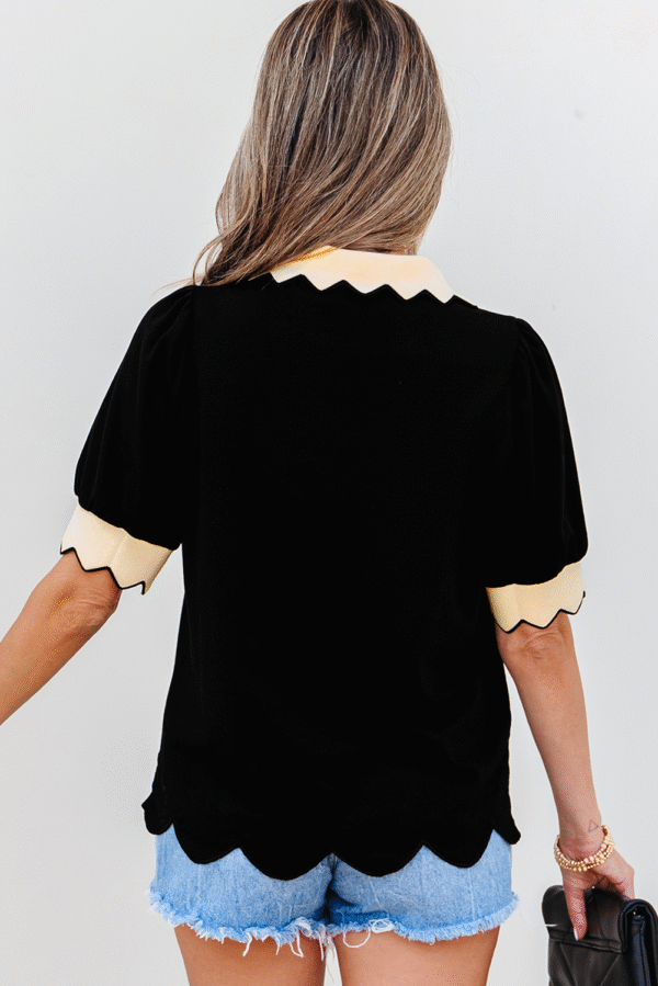 Black Contrast Scalloped Collar Cuffs Rodeo Patched Graphic Short Sleeve Top