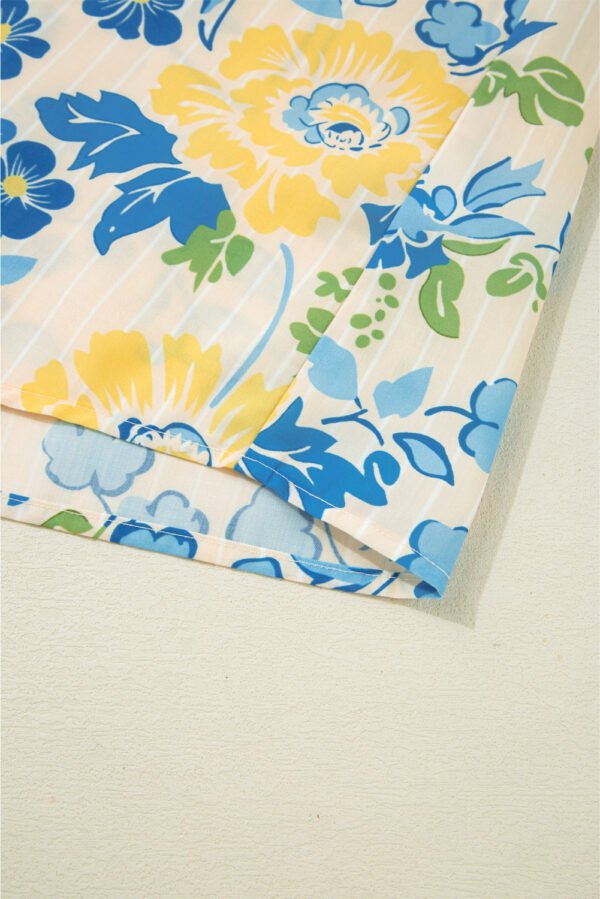 Blue Floral Striped Mixed Print Puff Short Sleeve Blouse