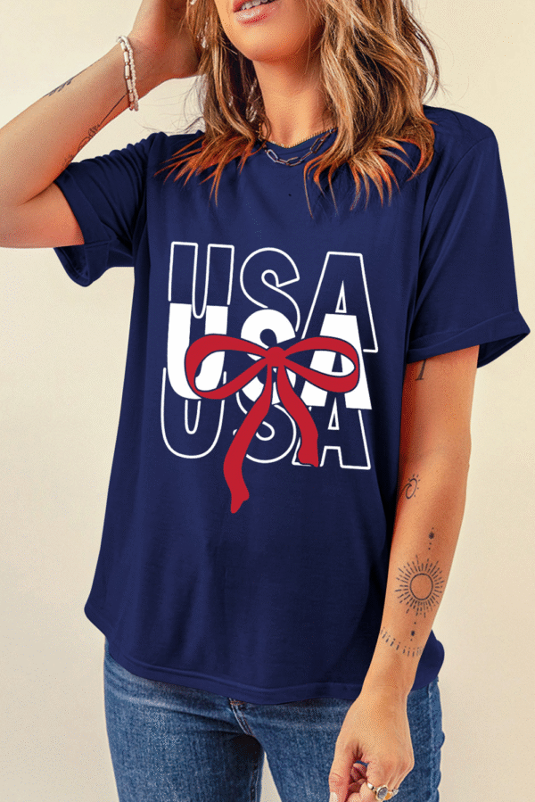 Blue USA Bow Printed Casual Cotton Blend T Shirt