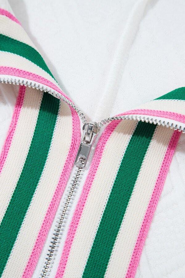White Contrast Striped Collar Patchwork Textured Half Sleeve Blouse