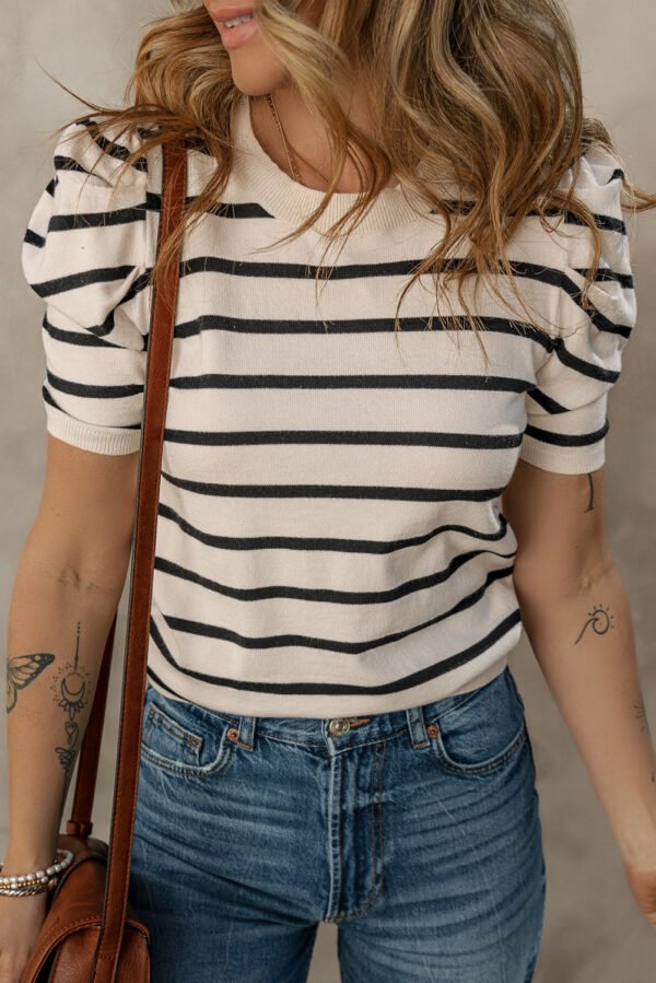 Black Stripe Ribbed Trim Round Neck Bubble Sleeve Knitted Top