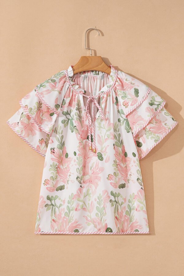 Pink Floral Print Striped Contrast Tiered Ruffled Sleeve V Neck Blouse