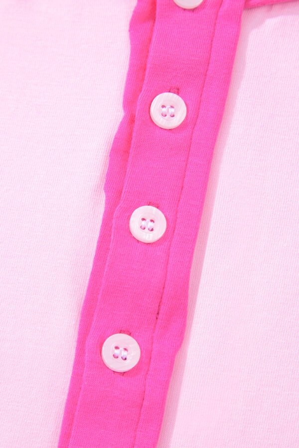 Pink Solid Color Half Sleeve Buttons Henley Top