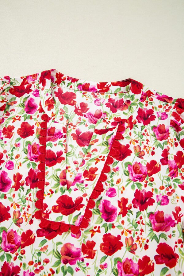 Red Floral Puff Sleeve Tiered Ric Rac Pocketed Mini Dress