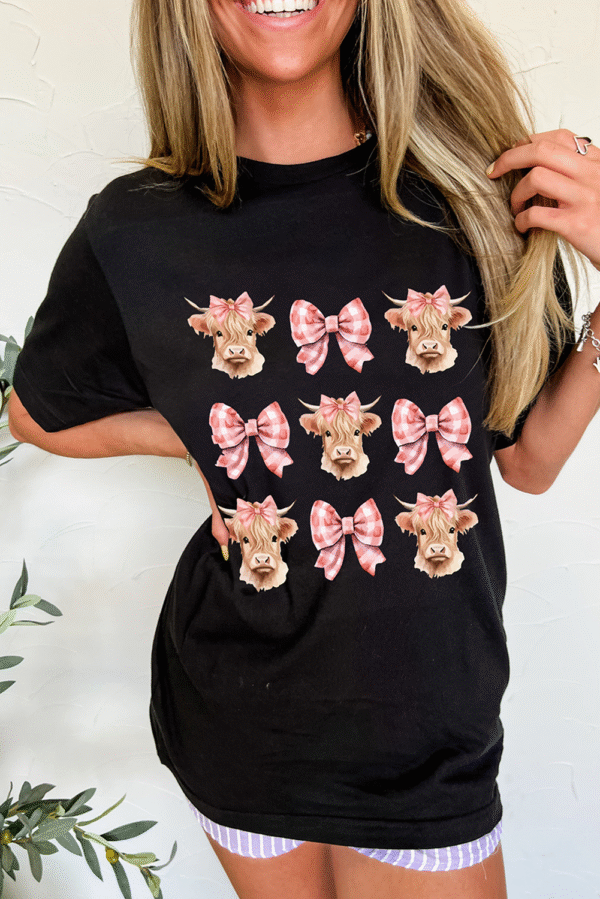 Black Cow with Bow Graphic Crewneck Western Tee