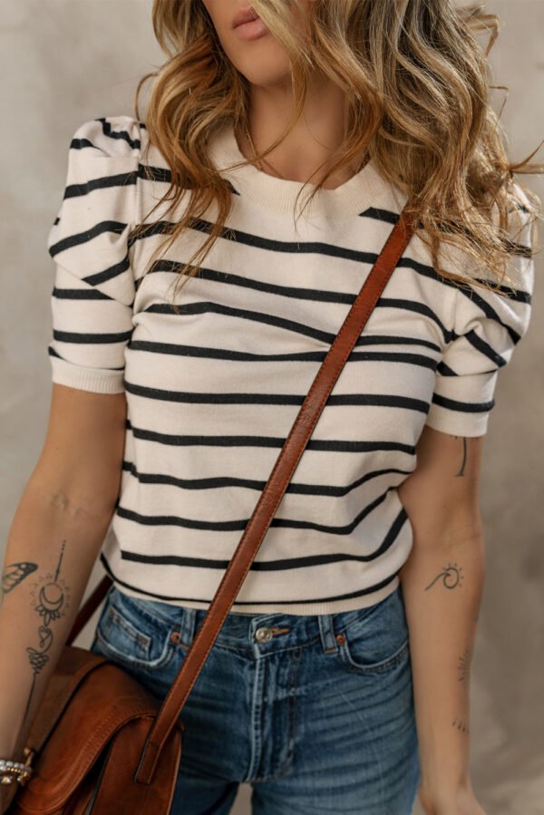 Black Stripe Ribbed Trim Round Neck Bubble Sleeve Knitted Top