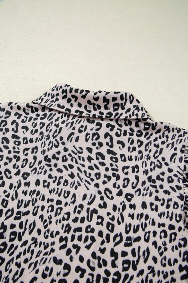Brown Leopard Half Zipper Collared Ruffled Sleeve Top and Short Set