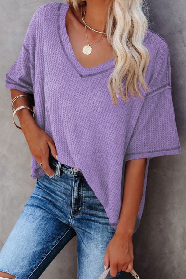 Purple Exposed Seam Half Sleeve Knitted V Neck Textured Top