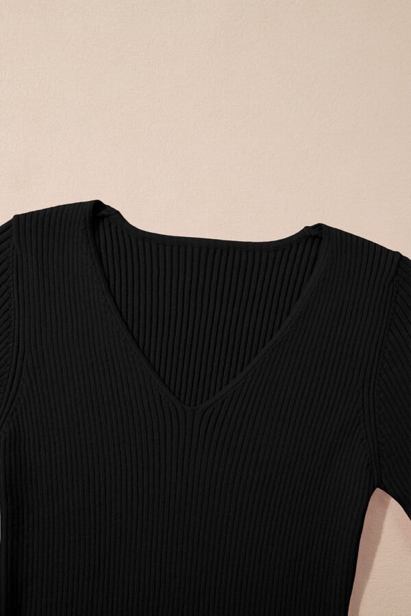 Black V Neck Ribbed Knit Lightweight Short Sleeve Sweater