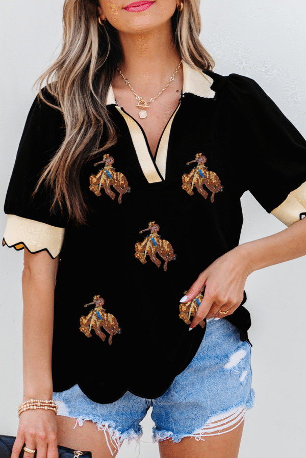 Black Contrast Scalloped Collar Cuffs Rodeo Patched Graphic Short Sleeve Top