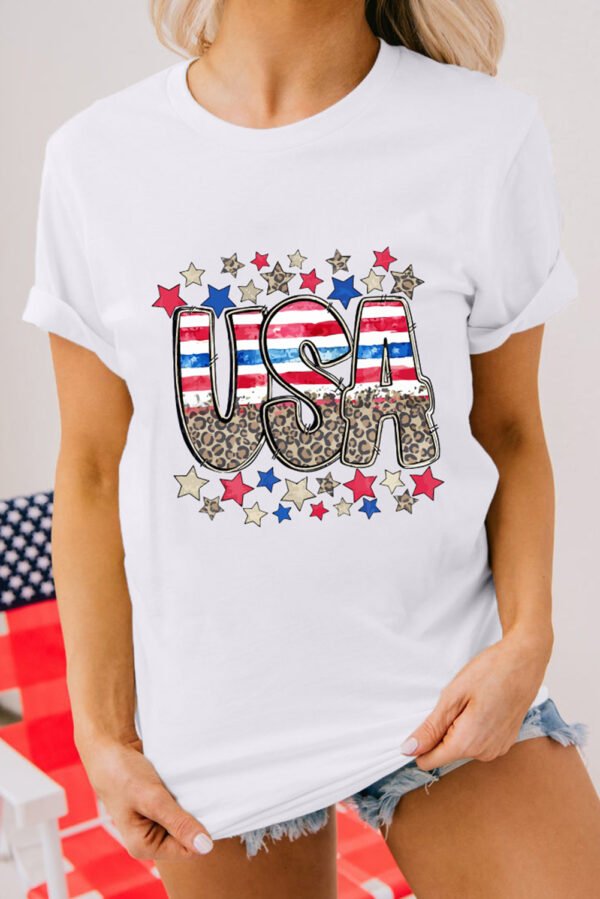 White Patriotic Star Leopard USA Letter Graphic T Shirt