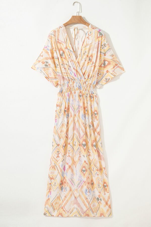 Multicolour Geometric Print Half Sleeve Shirred High Waist Maxi Dress