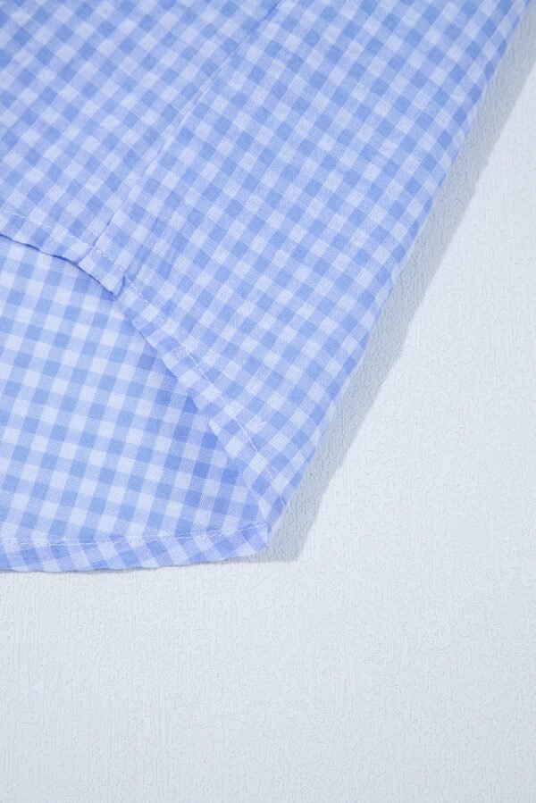 Light Blue Gingham Short Puff Sleeve Button Up Shirt