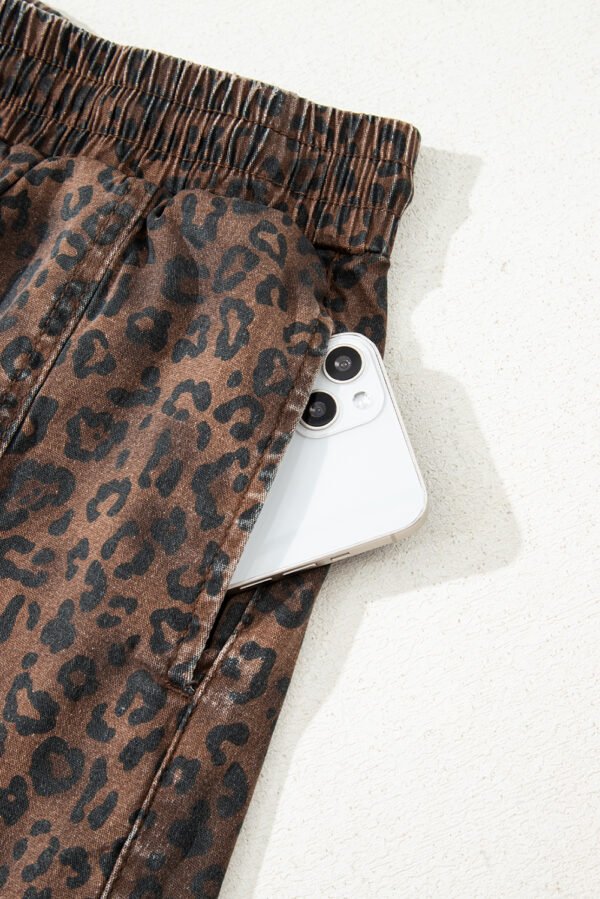Brown Leopard Print Elastic Waist Drawstring Denim Skort