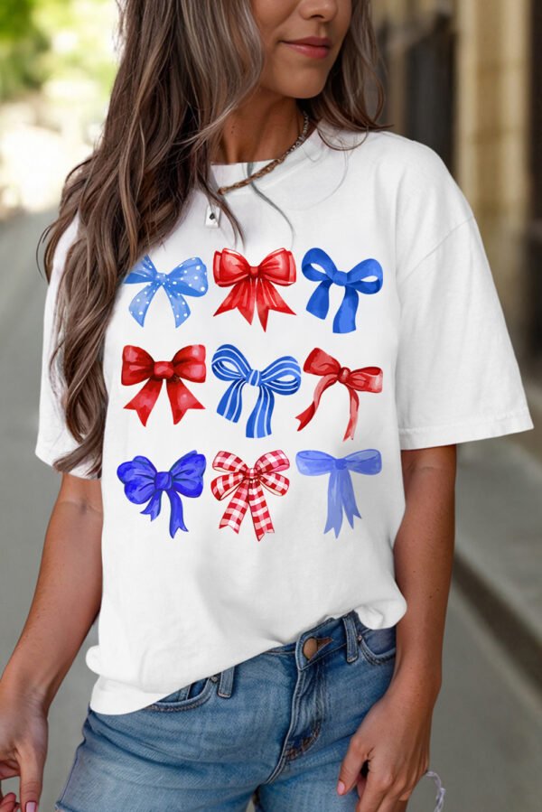 White USA Inspire Bow Print Crewneck Independence Day Tee