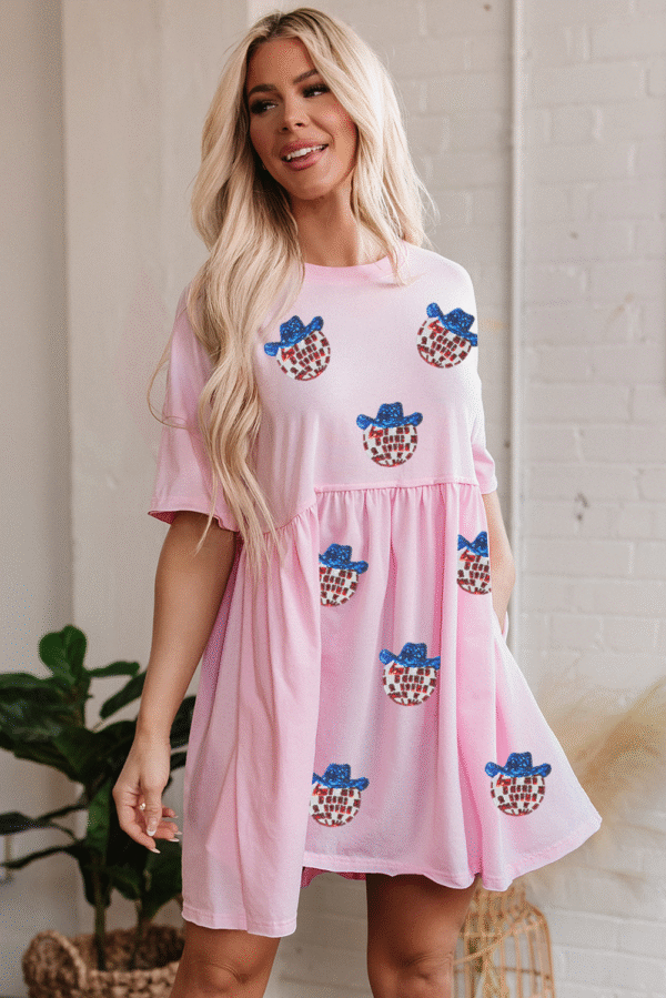 Light Pink American Flag Inspired Sequin Disco Ball Patched Shift Mini Dress
