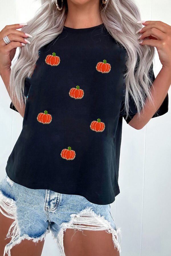 Black Chenille Pumpkin Patched Casual Cotton Blend T Shirt