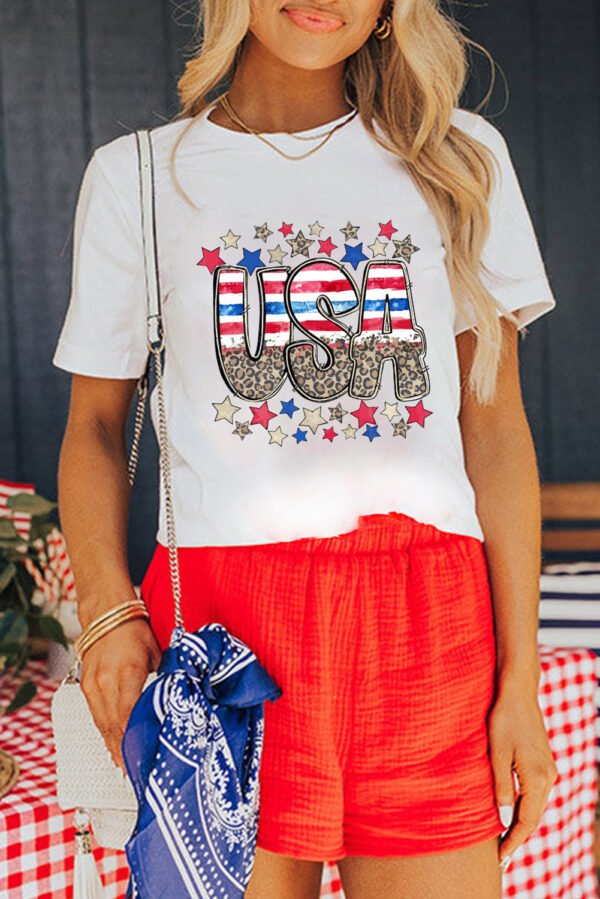 White Patriotic Star Leopard USA Letter Graphic T Shirt