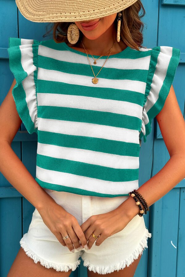 Green Stripe Flutter Sleeve Round Neck T Shirt