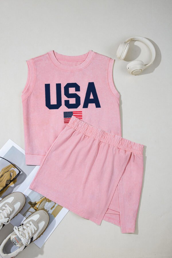 Light Pink USA Flag Graphic Tank Top and Skort Short Set