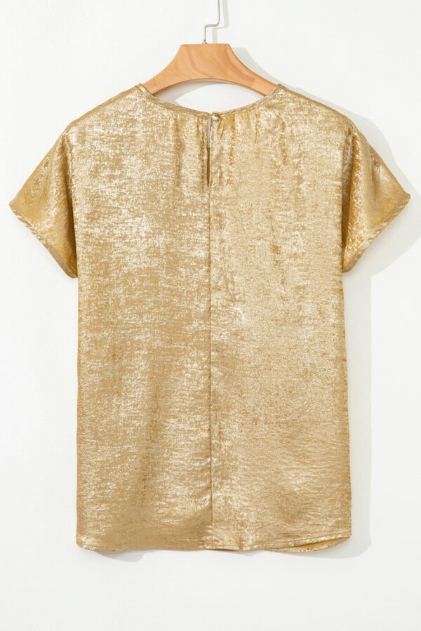 Gold Glossy Round Neck Pleated Detail Short Sleeve Blouse