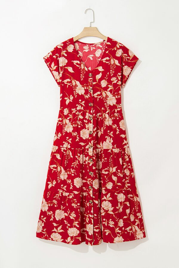 Red Floral Print Buttoned Front V Neck Tiered Short Sleeve Midi Dress