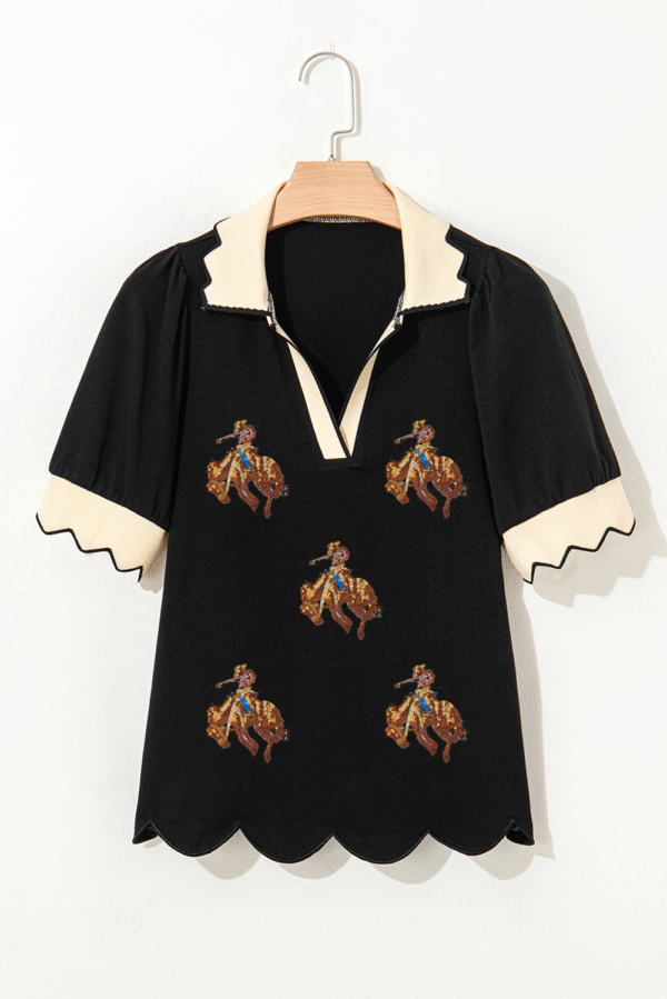 Black Contrast Scalloped Collar Cuffs Rodeo Patched Graphic Short Sleeve Top